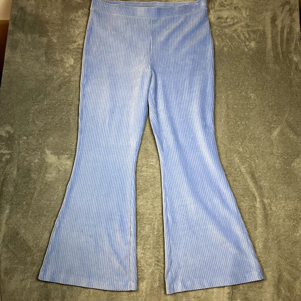 Aerie Groove-on‎ Velour High Waisted Flare Pants Womens XXL Blue Ribbed Luxe